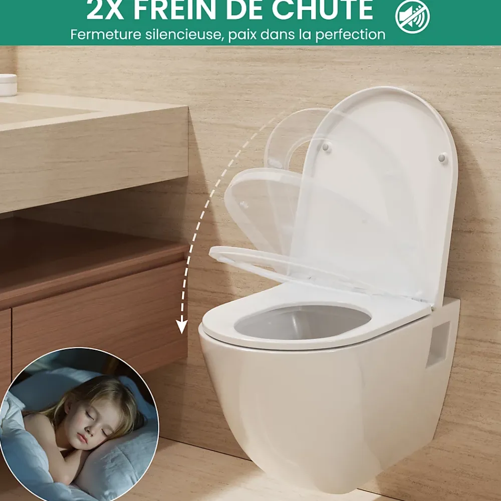 Anycée Max Abattant de WC avec Système d'abaissement Automatique et Bouton-poussoir Mono-touche, en Forme de D, ANYCEE MAX Abattant WC
