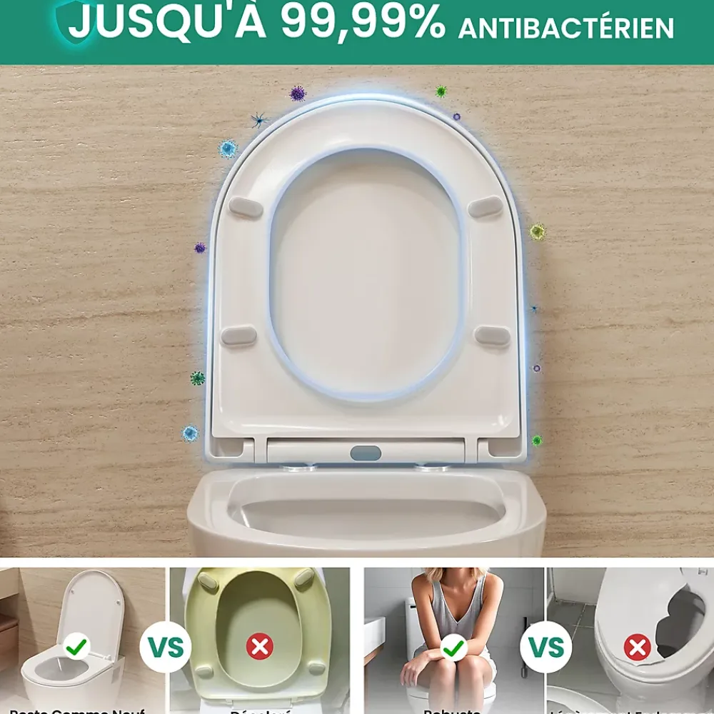Anycée Max Abattant de WC avec Système d'abaissement Automatique et Bouton-poussoir Mono-touche, en Forme de D, ANYCEE MAX Abattant WC