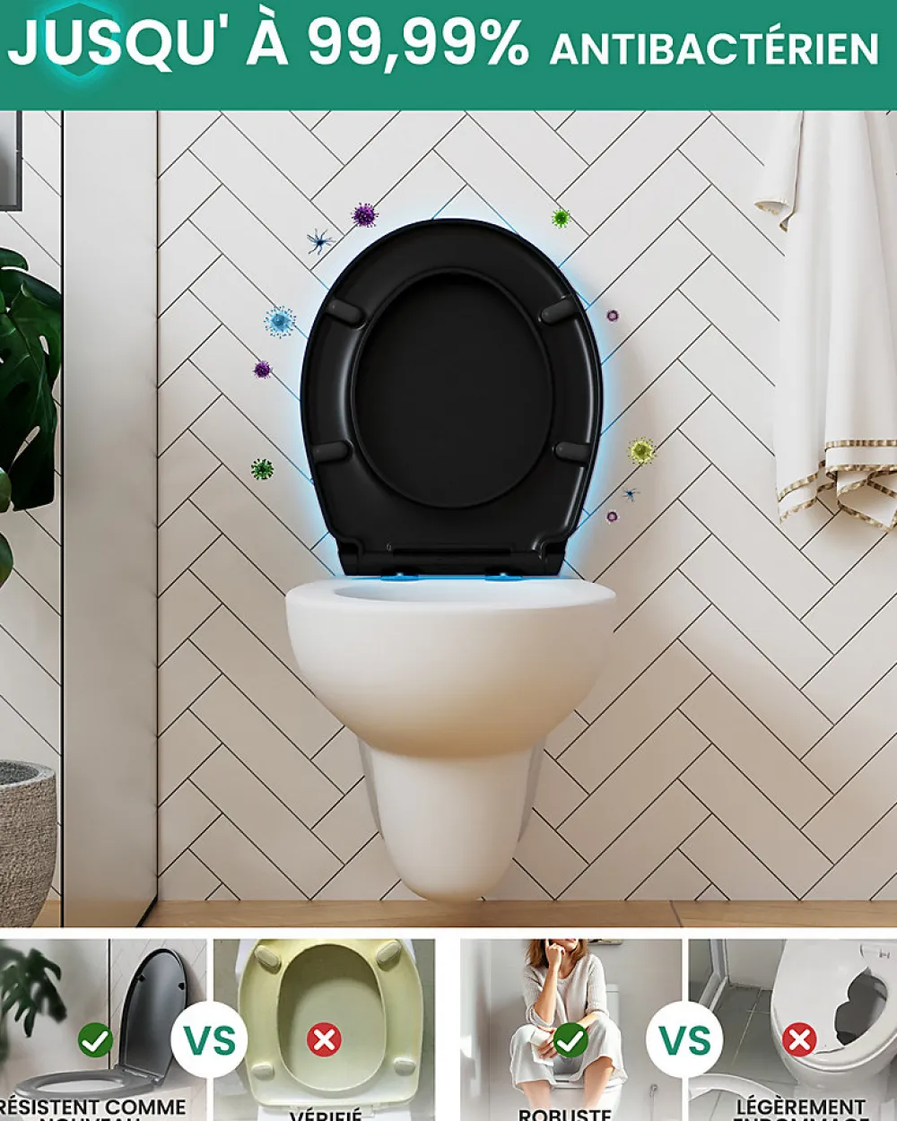 Anycée Max Abattant de WC avec Système d'abaissement Automatique, ANYCEE MAX Couvercle de Toilette en Duroplast, en Forme O, Noir