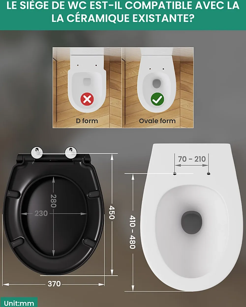 Anycée Max Abattant de WC avec Système d'abaissement Automatique, ANYCEE MAX Couvercle de Toilette en Duroplast, en Forme O, Noir