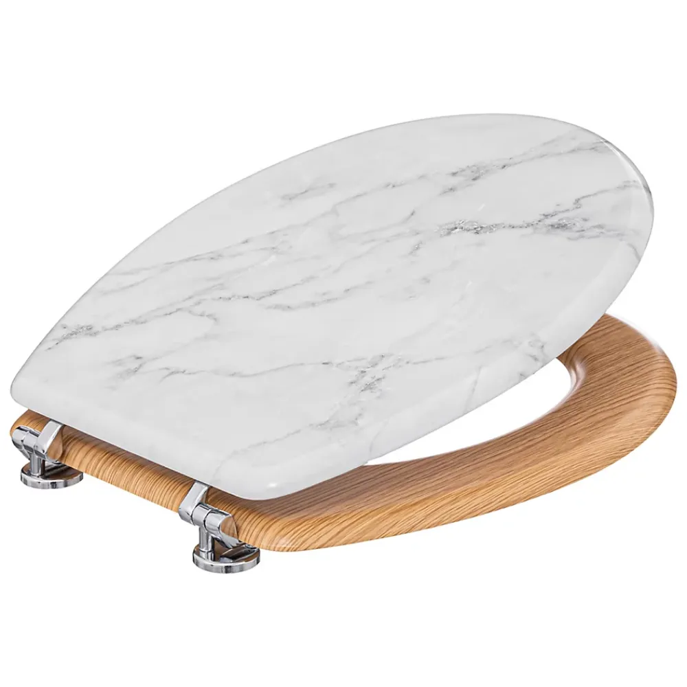 Abattant Wc|5Five Abattant WC coloris effet marbre blanc et lunette effet bois à fermeture standard, Léa