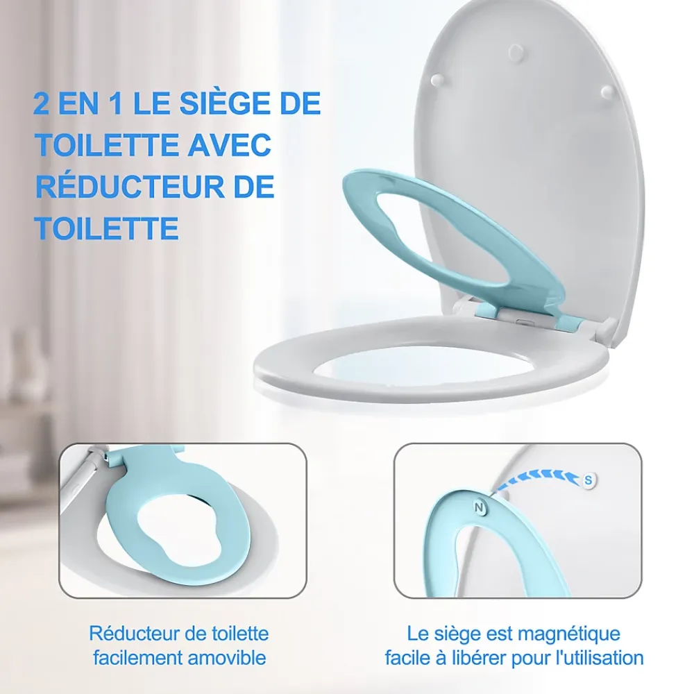 Todot Abattant WC Familial forme Ovale avec Siège Enfant Bleu Magnétique Retirable et Frein de Chute