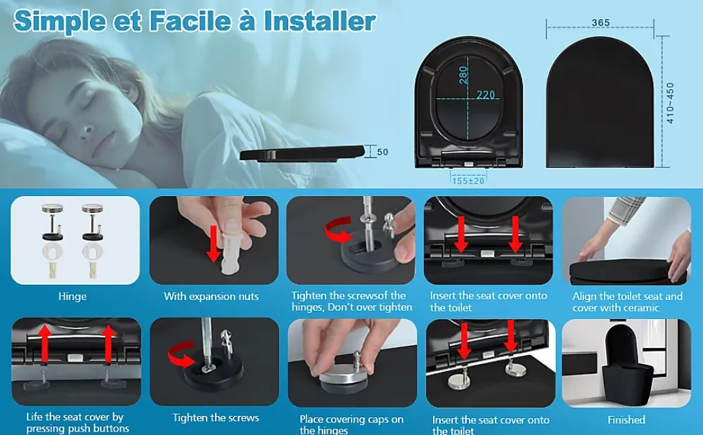 Abattant Wc|Todot Abattant WC Noir Déclipsable Forme D avec Frein de Chute