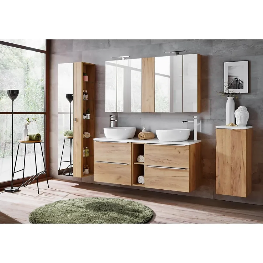 Plan Double Vasque|Meublorama Accessoire mural NALYA 57 cm Chene clair Complément suspendu pour meuble vasque