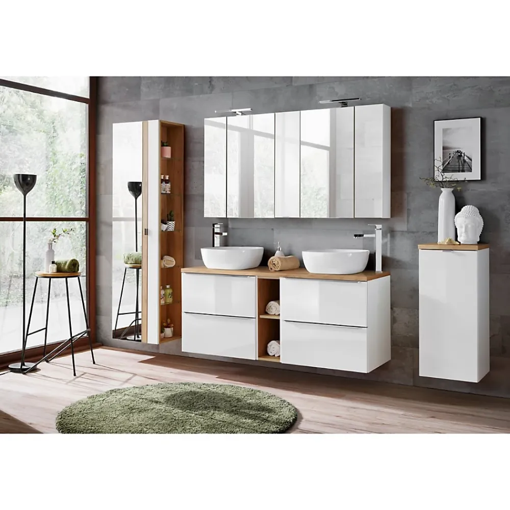 Plan Double Vasque|Meublorama Accessoire mural NALYA 57 cm Blanc brillant et chene clair Elément suspendu compact