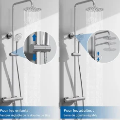 Colonne De Douche Thermostatique|AICA Sanitaire AICA colonne de douche thermostatique avec douche de tête ronde de 200 mm, douchette à main 3 fonctions, hauteur réglable