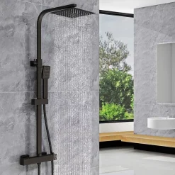 AICA Sanitaire AICA Colonne de douche thermostatique avec pomme de tête, Carré, douchette et flexible,noir mat