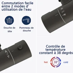Colonne De Douche Thermostatique|AICA Sanitaire AICA colonne de douche thermostatique avec douche de tête ronde de 200 mm, douchette à main 3 fonctions, noir,hauteur réglable