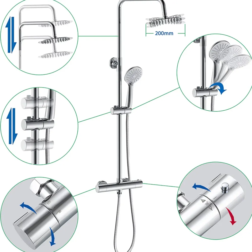 AICA Sanitaire AICA Colonne de douche thermostatique chromée, avec douche de tête ronde et douchette à main réglable en plusieurs modes