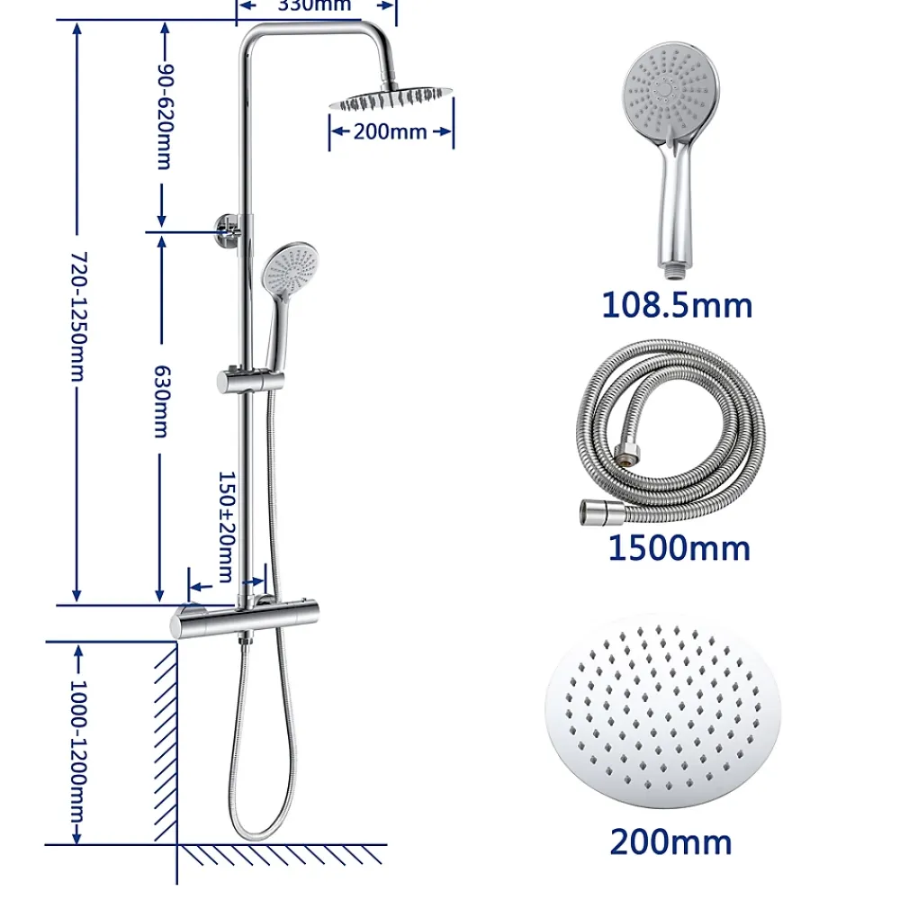 AICA Sanitaire AICA Colonne de douche thermostatique chromée, avec douche de tête ronde et douchette à main réglable en plusieurs modes