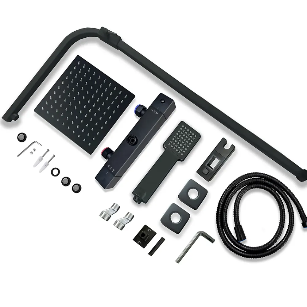 AICA Sanitaire AICA colonne de douche thermostatique noir mat avec douche de tête carrée 20X20cm, réglable en hauteur 730-1150mm