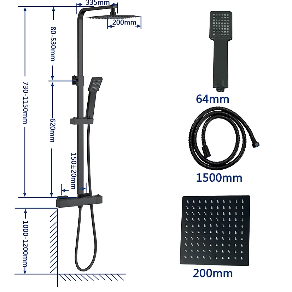 AICA Sanitaire AICA colonne de douche thermostatique noir mat avec douche de tête carrée 20X20cm, réglable en hauteur 730-1150mm