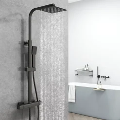 AICA Sanitaire AICA colonne de douche thermostatique noir mat avec douche de tête carrée 20X20cm, réglable en hauteur 730-1150mm