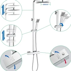 Colonne De Douche Thermostatique|AICA Sanitaire AICA colonne de douche thermostatique avec pomme de tête, douchette et flexible,effet chromé,Carré