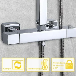 Colonne De Douche Thermostatique|AICA Sanitaire AICA colonne de douche thermostatique noir mat avec douche de tête carrée 20X20cm, réglable en hauteur 730-1150mm