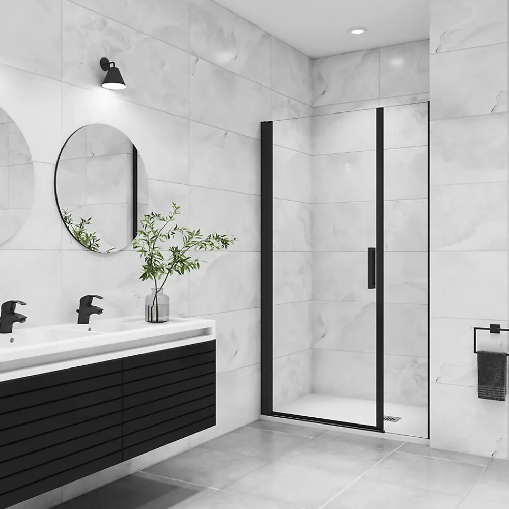 Porte De Douche|AICA Sanitaire AICA porte de douche pivotante 120x200cm avec un élément fixe Porte de douche noire Hauteur 200cm en 8mm verre anticalcaire