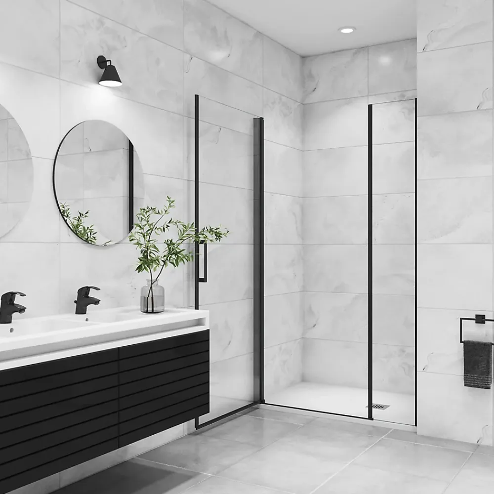 Porte De Douche|AICA Sanitaire AICA porte de douche pivotante 120x200cm avec un élément fixe Porte de douche noire Hauteur 200cm en 8mm verre anticalcaire