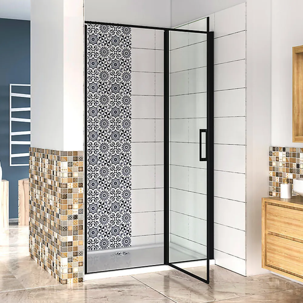 AICA Sanitaire Aica porte de douche pivotante 100x185cm noir mat en 6mm verre anticalcaire installation en niche