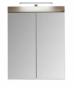 Trend Team AMANDA - Armoire de toilette murale mélaminé avec bandeau lumineux blanc/chêne - 2 portes miroir. L - H - P : 60 - 77 - 17 cm