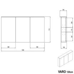 Bernstein Amoire de toilette MFC 3 portes miroirs, éclairage LED, prise de courant intérieure + 4 tablettes verre, 120x71x19cm (LxHxP), VARO