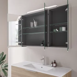 Armoire De Toilette|Bernstein Amoire de toilette suspendue 100x19x72,5cm (LxPxH), 3 portes mirroir, éclairage LED + prise électrique, Charnières mobiles, NEO