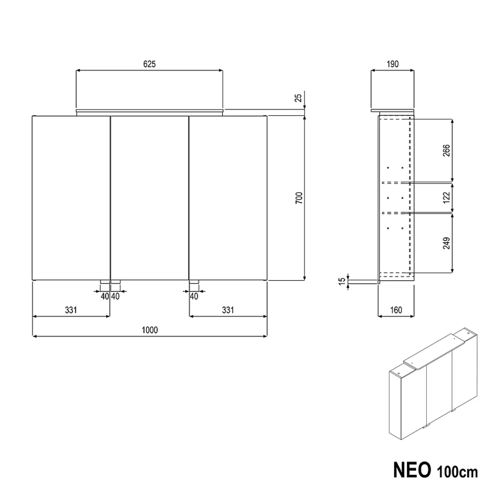 Armoire De Toilette|Bernstein Amoire de toilette suspendue 100x19x72,5cm (LxPxH), 3 portes mirroir, éclairage LED + prise électrique, Charnières mobiles, NEO