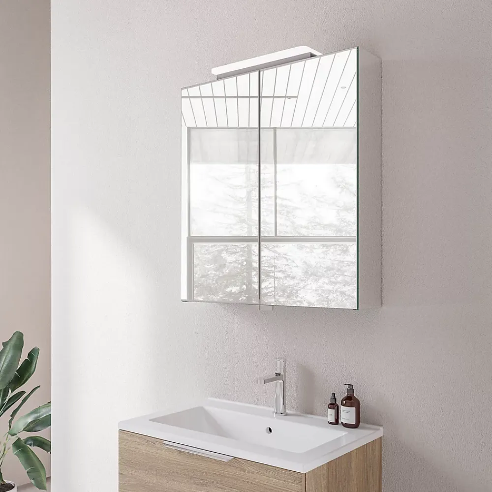 Armoire De Toilette|Bernstein Amoire de toilette suspendue 60x19x72,5cm (LxPxH), 2 portes mirroir, éclairage LED + prise électrique, Charnières mobiles, NEO