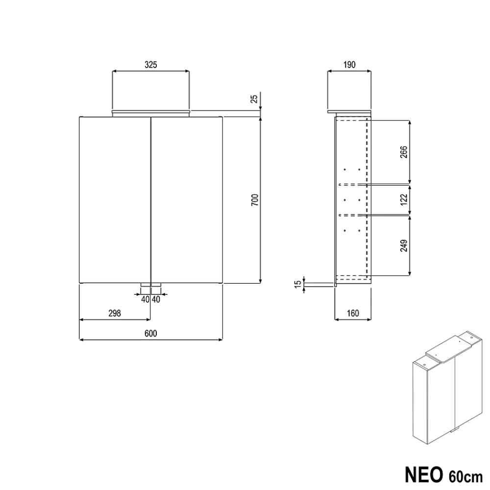 Armoire De Toilette|Bernstein Amoire de toilette suspendue 60x19x72,5cm (LxPxH), 2 portes mirroir, éclairage LED + prise électrique, Charnières mobiles, NEO
