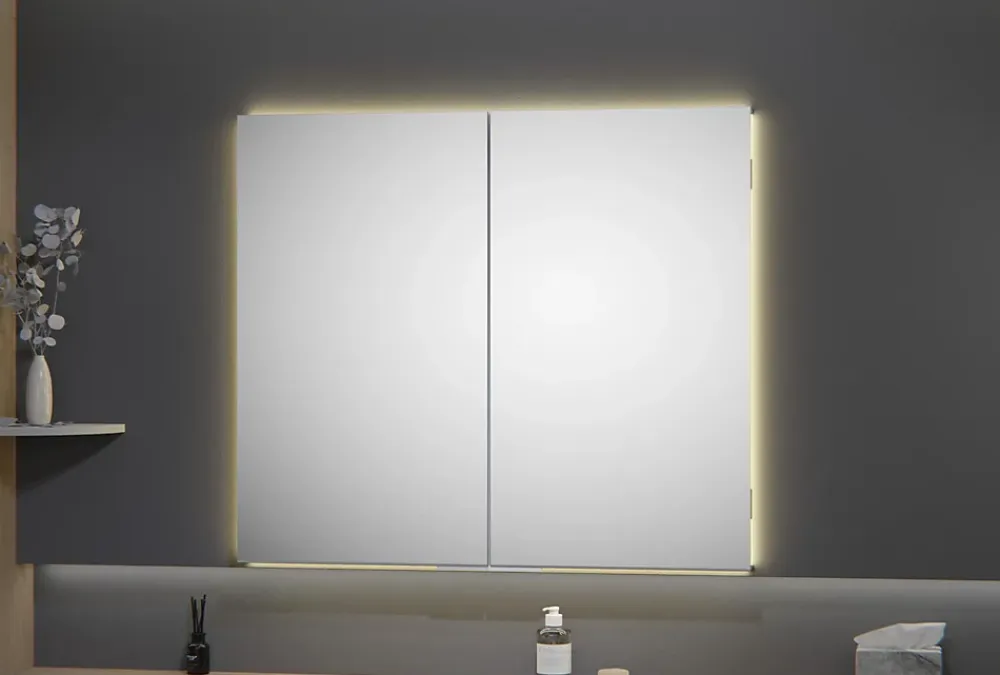 Armoire De Toilette|Bernstein Armoire à glace aluminium murale salle de bain et toilettes, étagère avec miroir avec LED encastrée + prise, UP7012, H.70cmxL.80cm