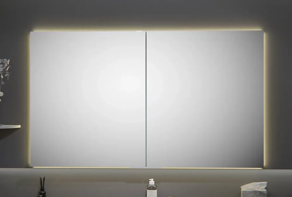 Bernstein Armoire à glace aluminium murale salle de bain + toilettes, étagère avec miroir avec LED encastrée + prise, UP7012, H.70cmxL.120cm