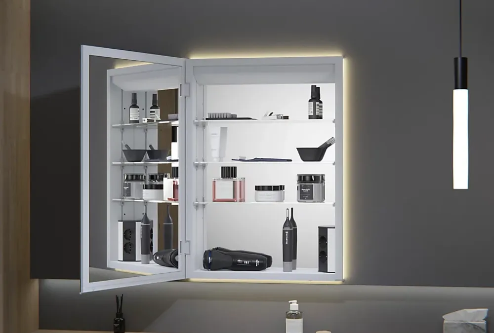 Armoire De Toilette|Bernstein Armoire à glace aluminium murale salle de bain + toilettes, étagère + miroir LED encastrée + prise, UP7012, H.70cm, Largeur 50cm