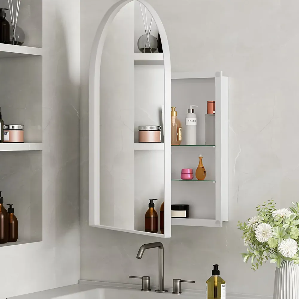 ProximaX Armoire à miroir cintrée blanche avec cadre métal, armoire murale à étagères réglables, rangement salle de bain, salon ou chambre