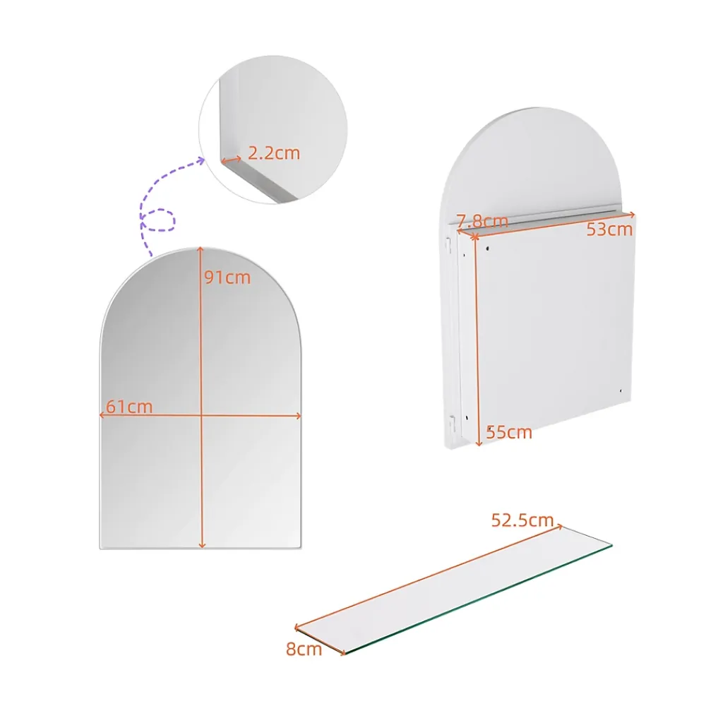 ProximaX Armoire à miroir cintrée blanche avec cadre métal, armoire murale à étagères réglables, rangement salle de bain, salon ou chambre