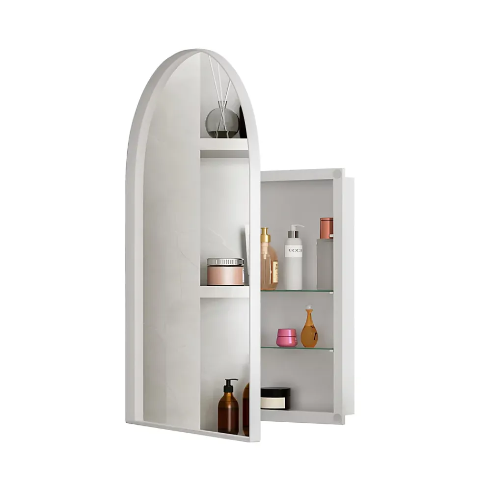 ProximaX Armoire à miroir cintrée blanche avec cadre métal, armoire murale à étagères réglables, rangement salle de bain, salon ou chambre