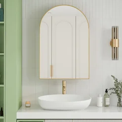 ProximaX Armoire à miroir cintrée dorée avec cadre métal, armoire murale à étagères réglables, rangement salle de bain, salon ou chambre