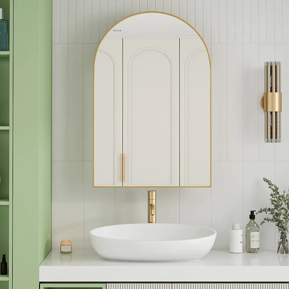 ProximaX Armoire à miroir cintrée dorée avec cadre métal, armoire murale à étagères réglables, rangement salle de bain, salon ou chambre