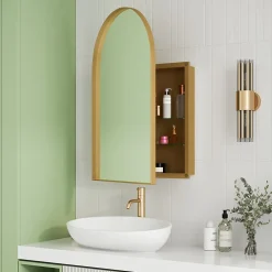 ProximaX Armoire à miroir cintrée dorée avec cadre métal, armoire murale à étagères réglables, rangement salle de bain, salon ou chambre