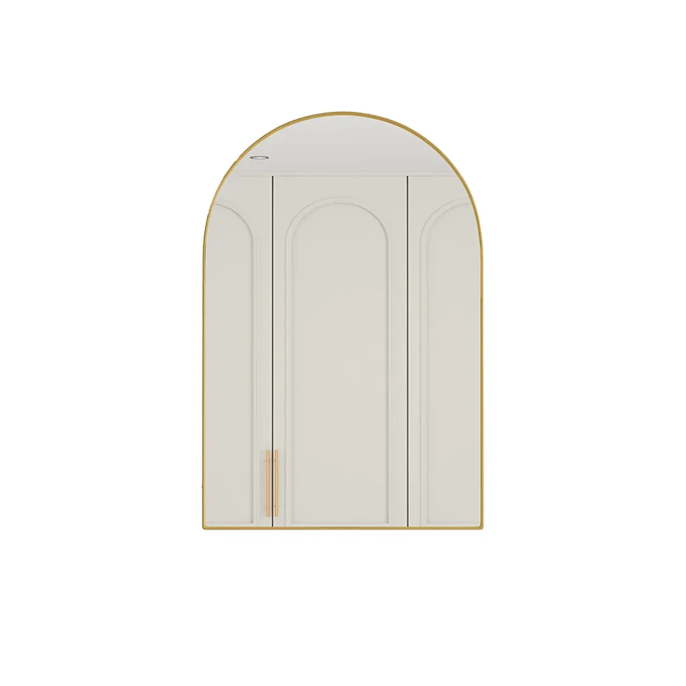 ProximaX Armoire à miroir cintrée dorée avec cadre métal, armoire murale à étagères réglables, rangement salle de bain, salon ou chambre