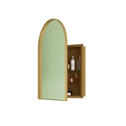 ProximaX Armoire à miroir cintrée dorée avec cadre métal, armoire murale à étagères réglables, rangement salle de bain, salon ou chambre