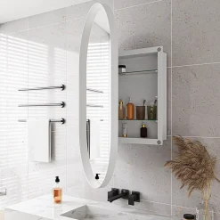 ProximaX Armoire à miroir ovale blanche avec cadre métal, armoire murale à étagères réglables, rangement salle de bain, salon ou chambre