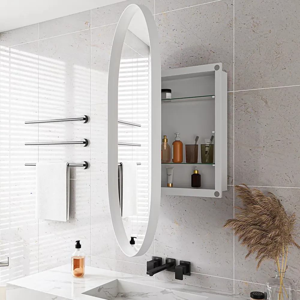 ProximaX Armoire à miroir ovale blanche avec cadre métal, armoire murale à étagères réglables, rangement salle de bain, salon ou chambre