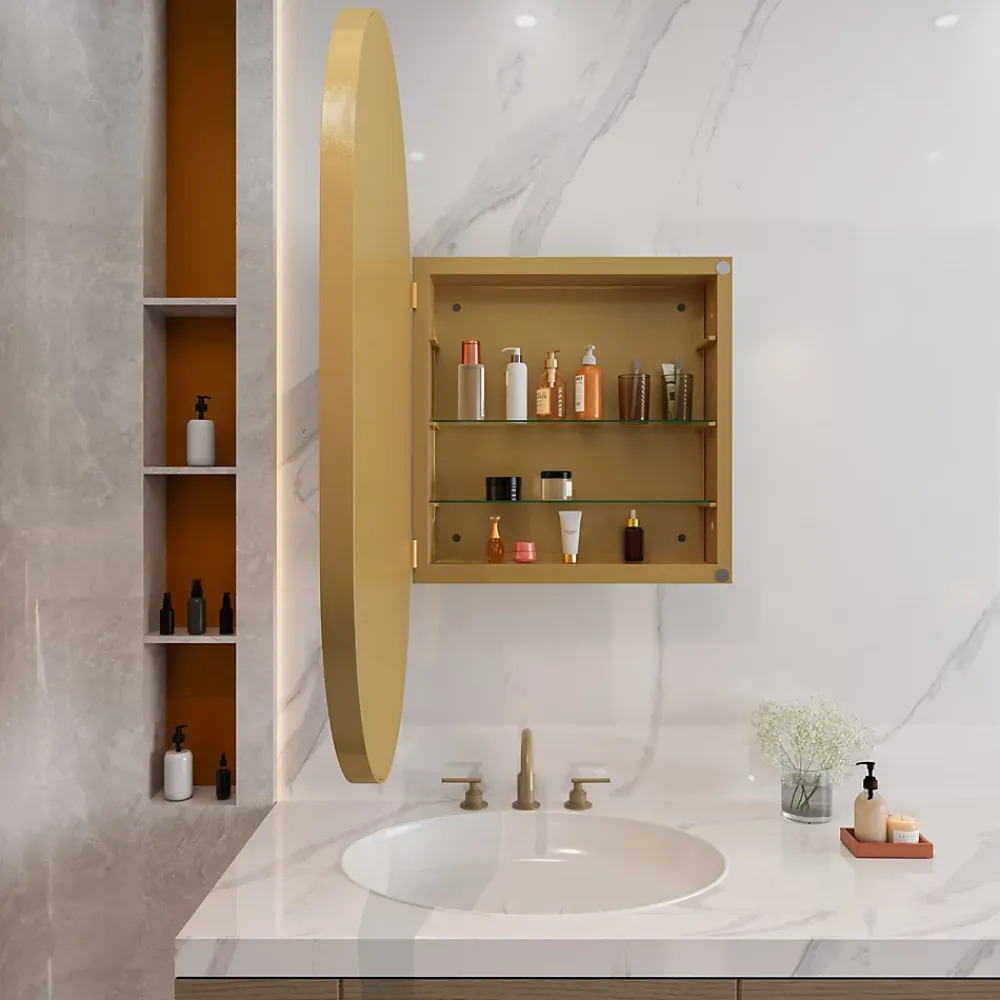 ProximaX Armoire à miroir ovale dorée avec cadre métal, armoire murale à étagères réglables, rangement salle de bain, salon ou chambre