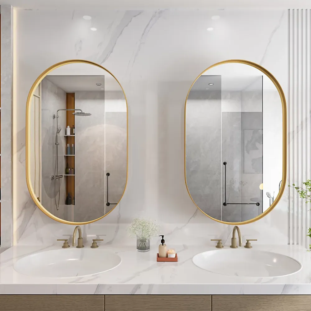 ProximaX Armoire à miroir ovale dorée avec cadre métal, armoire murale à étagères réglables, rangement salle de bain, salon ou chambre