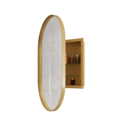 ProximaX Armoire à miroir ovale dorée avec cadre métal, armoire murale à étagères réglables, rangement salle de bain, salon ou chambre