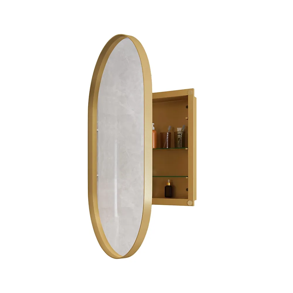 ProximaX Armoire à miroir ovale dorée avec cadre métal, armoire murale à étagères réglables, rangement salle de bain, salon ou chambre