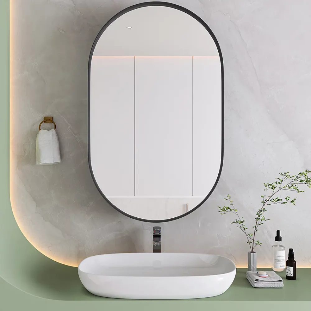 Armoire De Toilette|Okwish Armoire à Miroir Ovale Murale avec Cadre Métallique Noir - Meuble de Salle de Bain avec Étagères Réglables, 51.5x85 cm, Noir