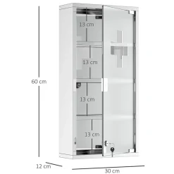 Armoire De Salle De Bains|Homcom Armoire à pharmacie 3 étagères 4 niveaux 30L x 12l x 60H cm porte verre trempé symbole croix acier inoxydable brossé