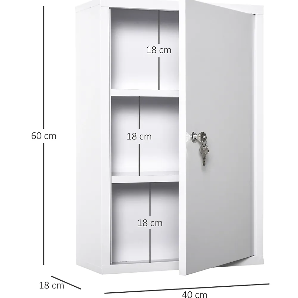 Armoire De Toilette|kleankin Armoire à pharmacie 2 étagères 3 niveaux verrouillable dim. 40L x 18l x 60H cm 2 clés métal blanc