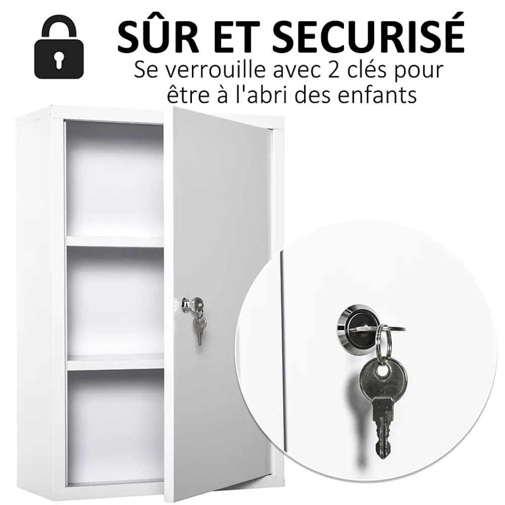 Armoire De Toilette|kleankin Armoire à pharmacie 2 étagères 3 niveaux verrouillable dim. 40L x 18l x 60H cm 2 clés métal blanc