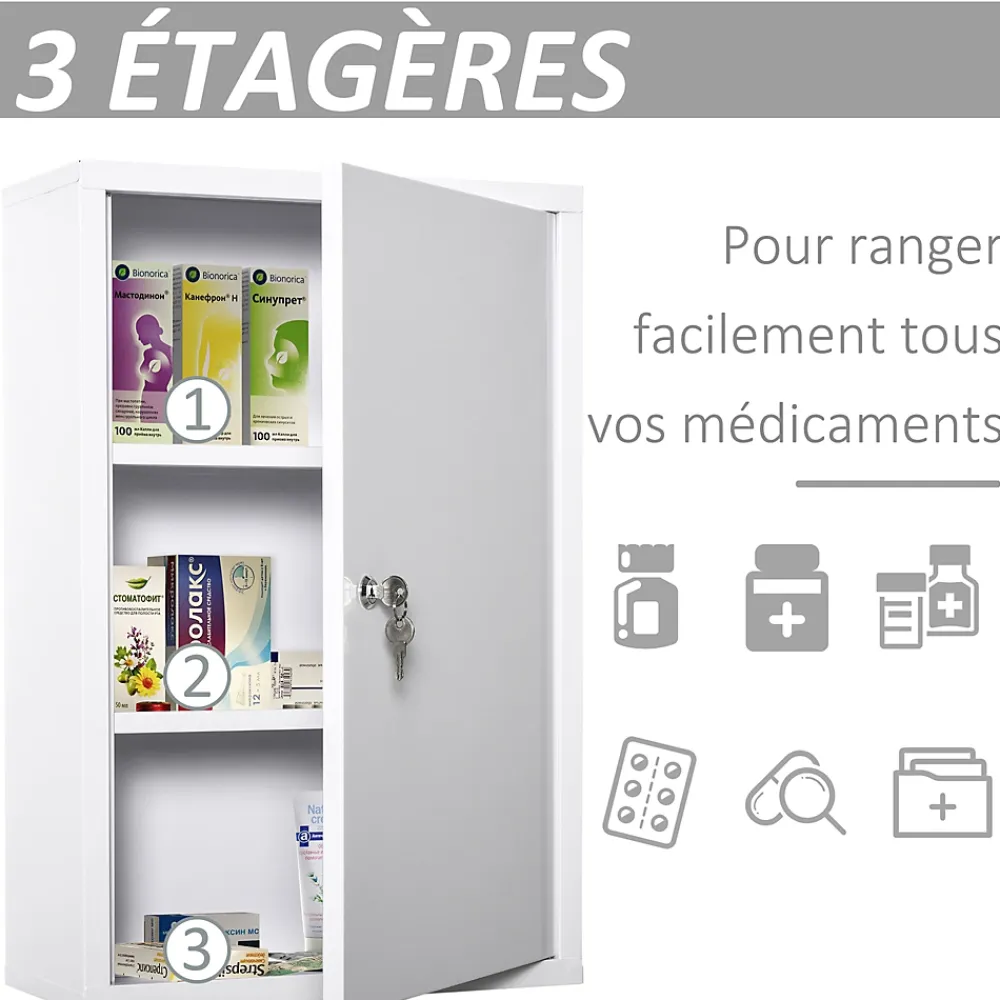 Armoire De Toilette|kleankin Armoire à pharmacie 2 étagères 3 niveaux verrouillable dim. 40L x 18l x 60H cm 2 clés métal blanc